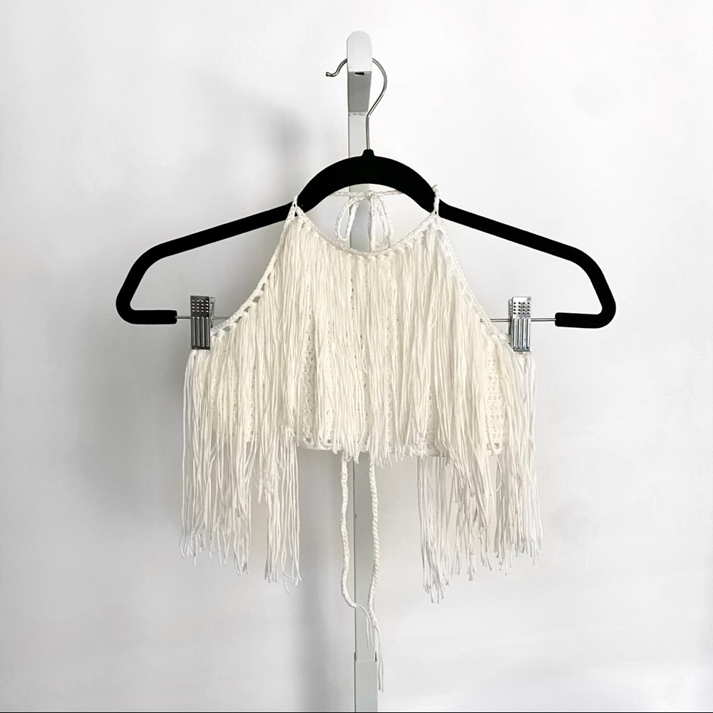 Fringe White Crop Halter Tie Top